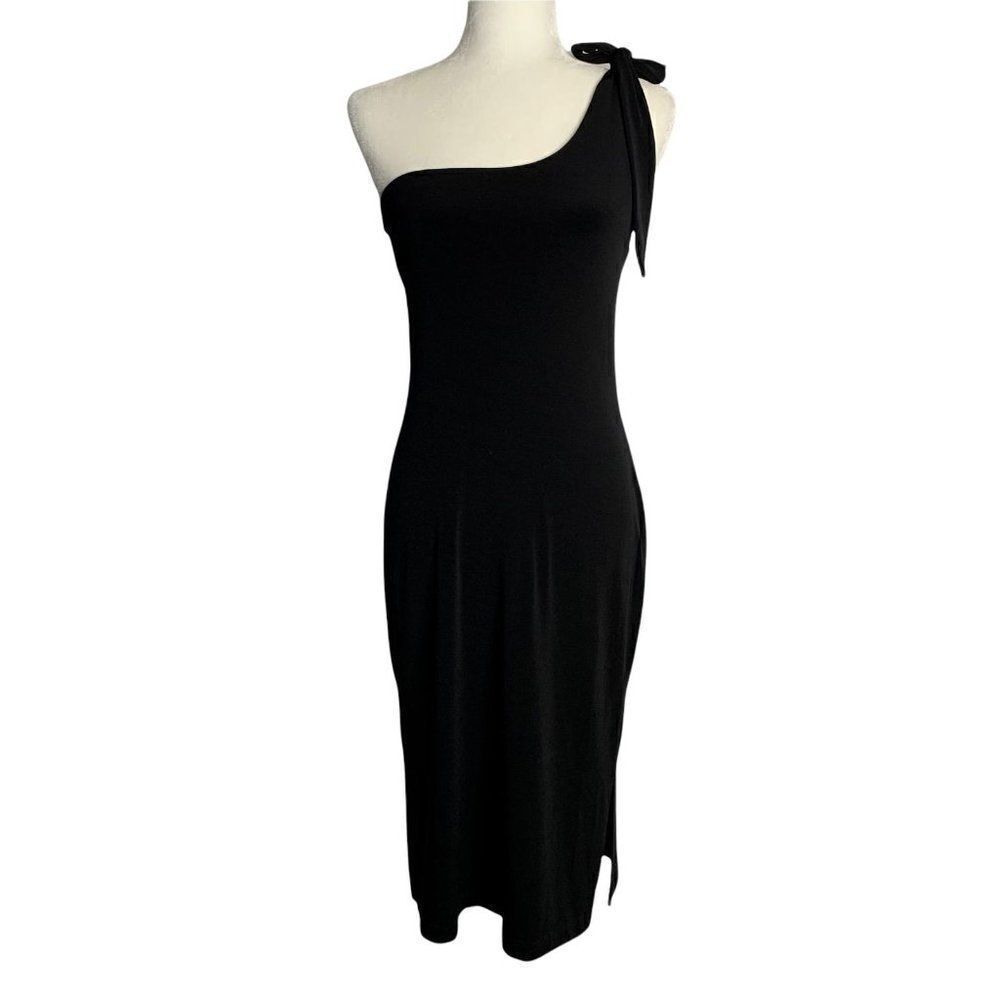Vintage Guess Jeans One Shoulder Dress M Black Stretch Knit Shelf Bra Midi Tie